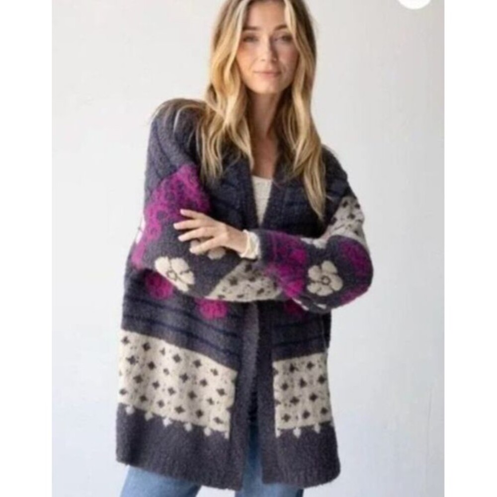 NATURAL LIFE Calla Jacquard Cardigan Sweater S/M Wool Blend Chunky Boho Cottage